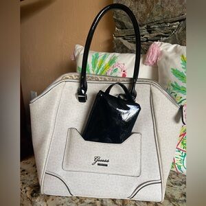 Off white Guess Rhea Logo Satchel purse with removable patent black clutch
